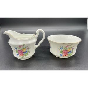 VINTAGE Adderley Bone China Swirl Creamer and Sugar Bowl, England, Pink Flowers